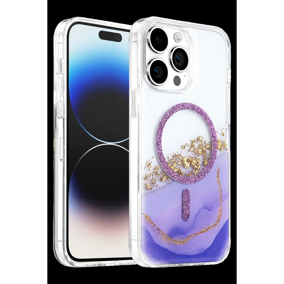 Onegif Apple İphone 14 Pro Max Lotus Simli Magsafe Kapak - Mor