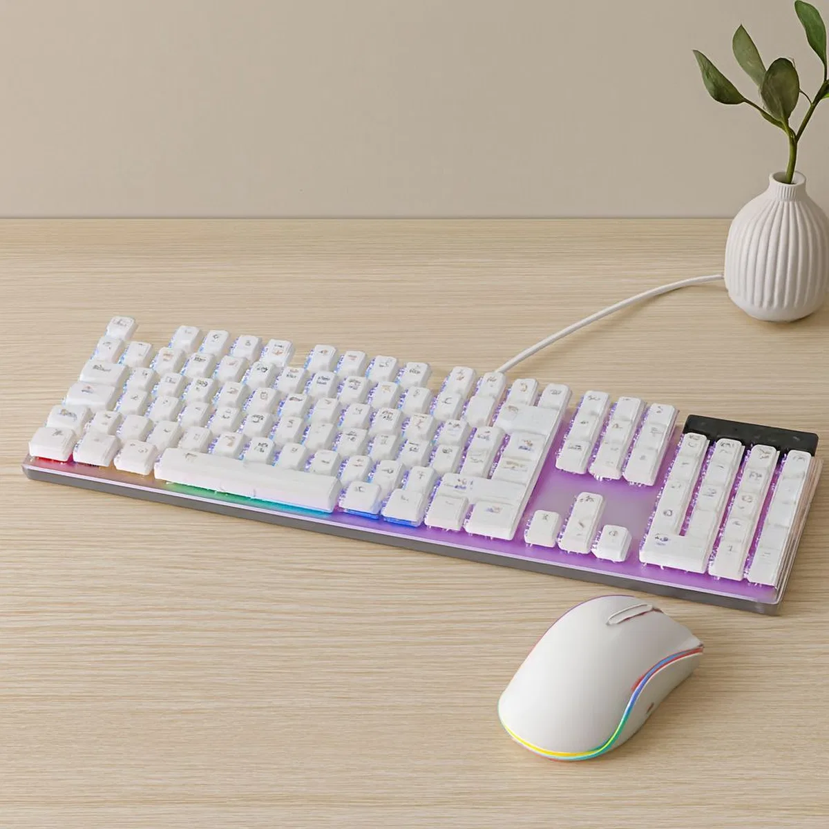 USB Kablolu Oyuncu Klavye ve Mouse Seti - Beyaz RGB