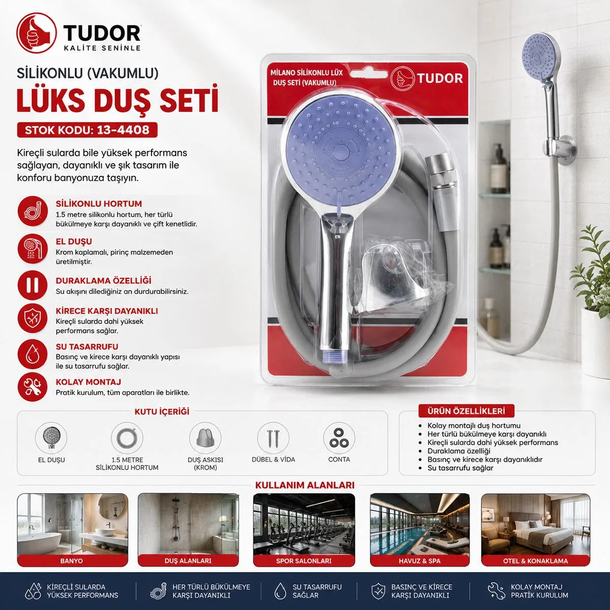 Vakumlu Silikon Lüks Duş Seti 1. 5m - Çok Fonksiyonlu Duş Başlığı, 3 Kademe Mafsal görsel 3