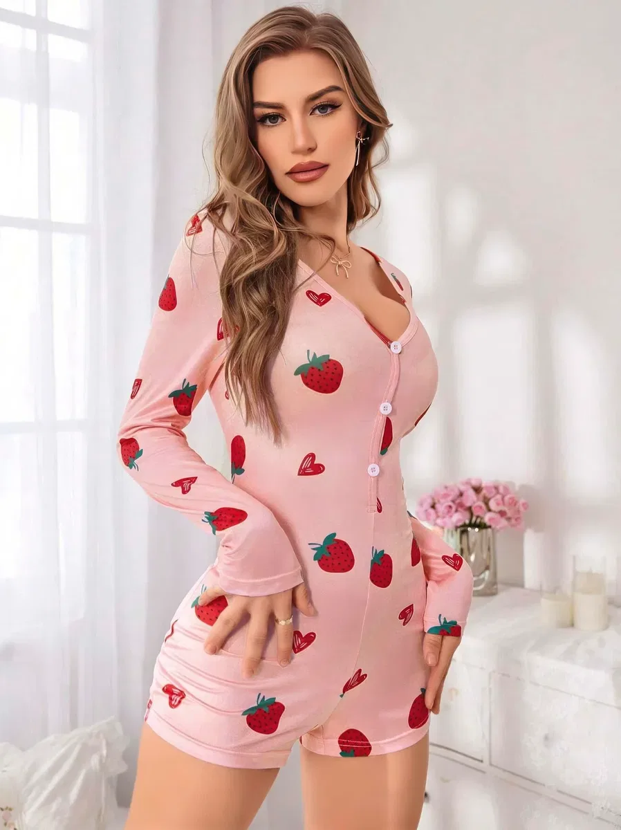 Kadın Pembe Çilek Desenli Pijama Tulumu 5125 görsel 2