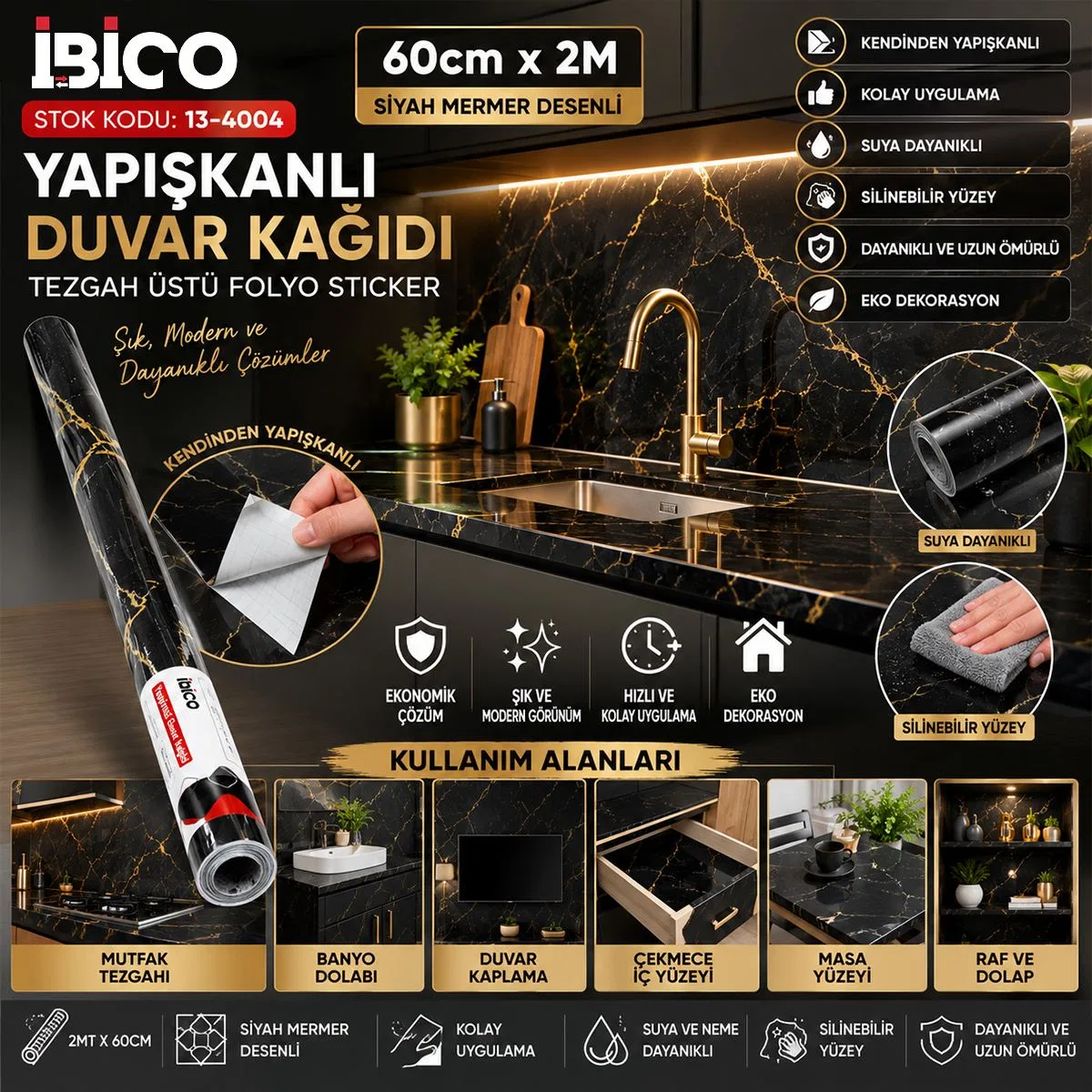 Siyah Mermer Desenli Kendinden Yapışkanlı Tezgah Folyosu 2m x 60cm görsel 3