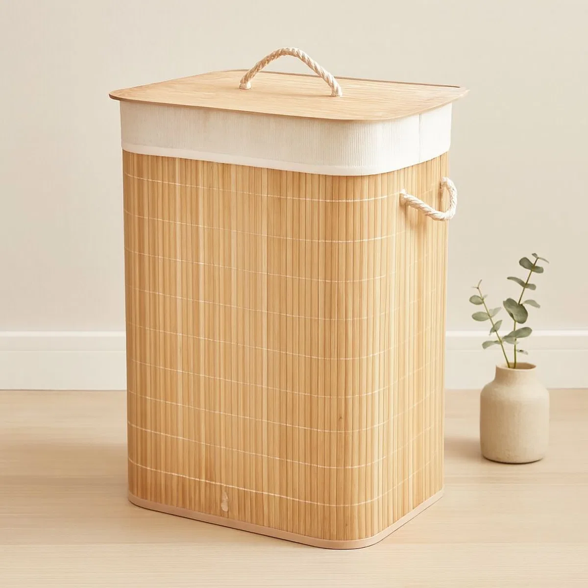 Bambu Kirli Çamaşır Sepeti 40x30x60 cm - Kapaklı İpli Kumaş Torbalı