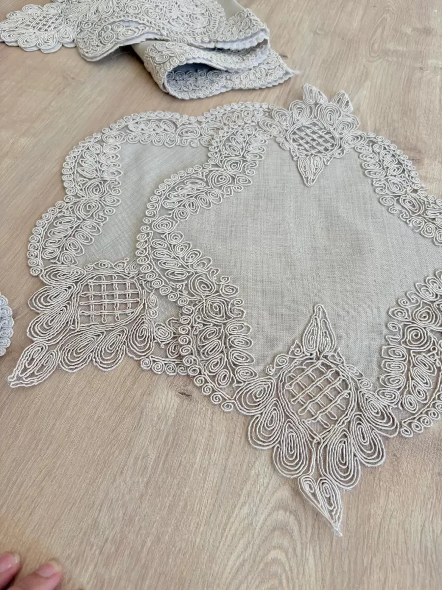 Salon Takımı Çeyizlik Krem Runner Set 5 Parça Keten Masa Örtüsü Runneri Gerdan görsel 2