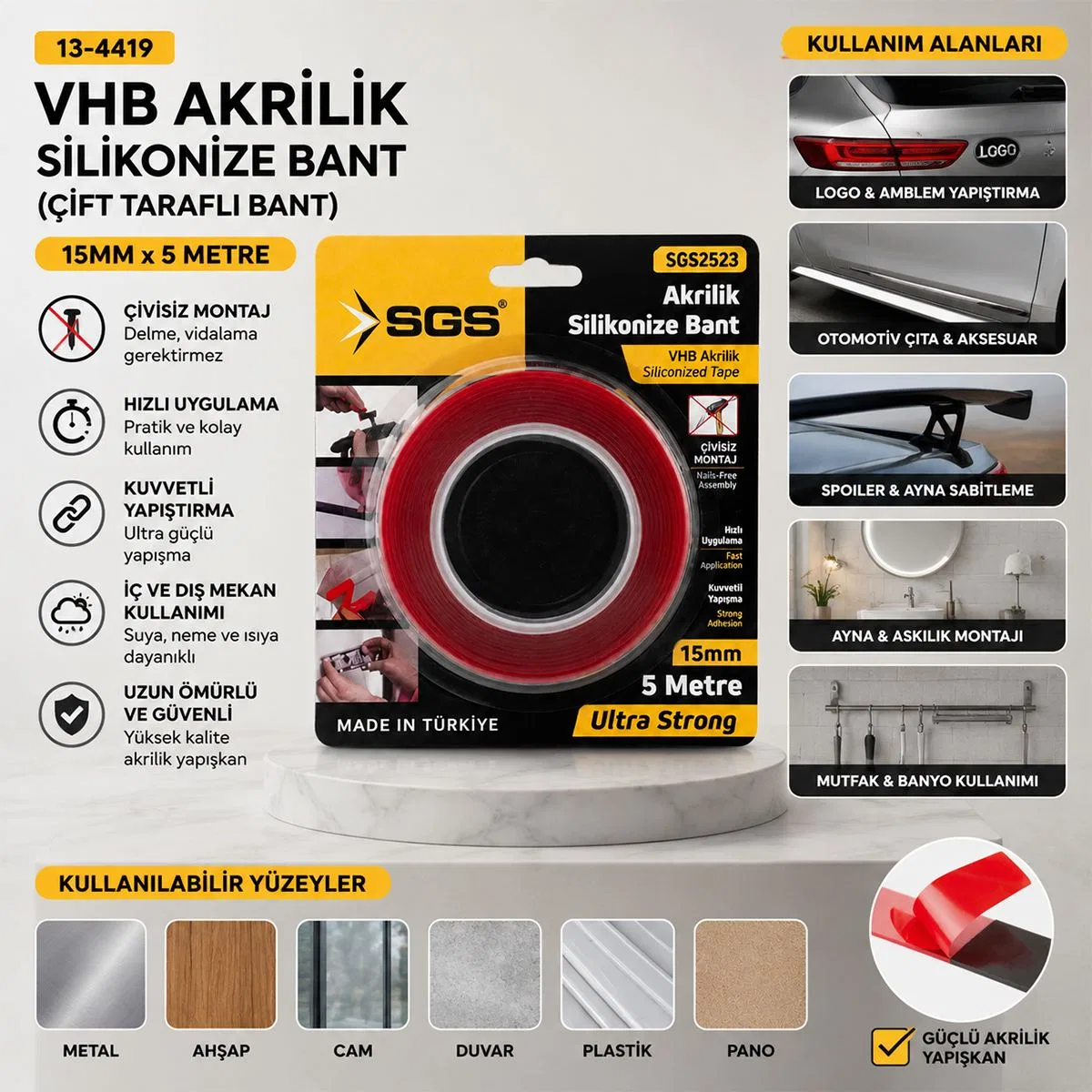 Akrilik Silikonize Çift Taraflı Bant (VHB) 15mm x 5yd görsel 3