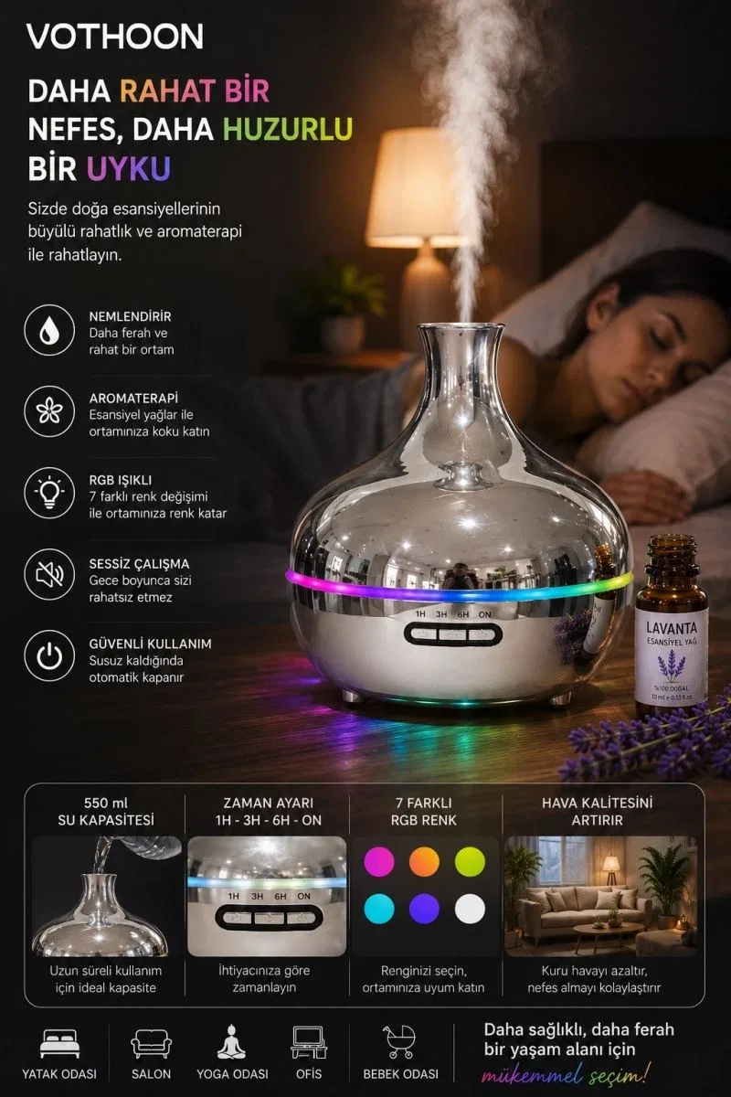 Gümüş Vazo Model Rgb Işıklı Hava Nemlendirici & Aromaterapi Difüzör – 550 Ml Kumandalı görsel 5
