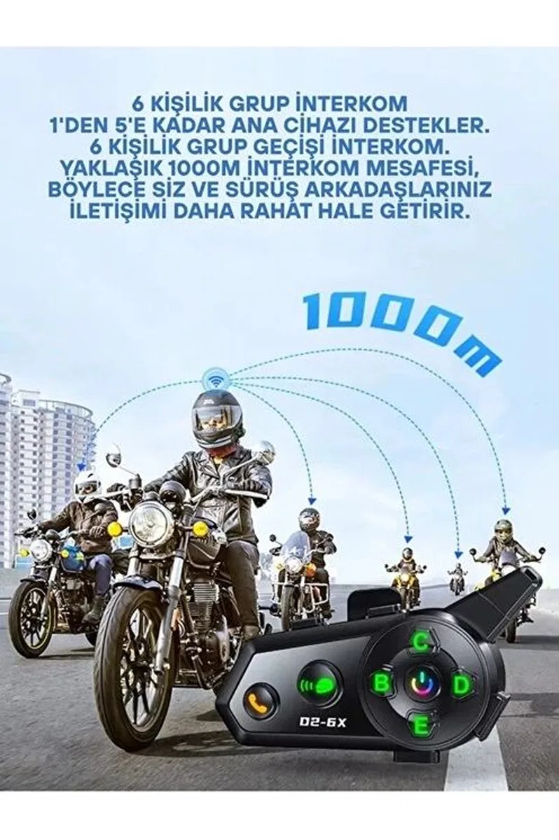 D2-6x 1000m Mesafeli 6 Klı İntercom Bluetooth Motosiklet Kask Kulaklığı İntercom Kulaklık görsel 2