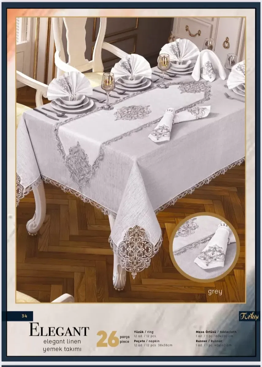 Elegant Linen Krem-Gümüş 26 Parça 12 Kişilik 160 × 260 cm Masa Takımı görsel 2