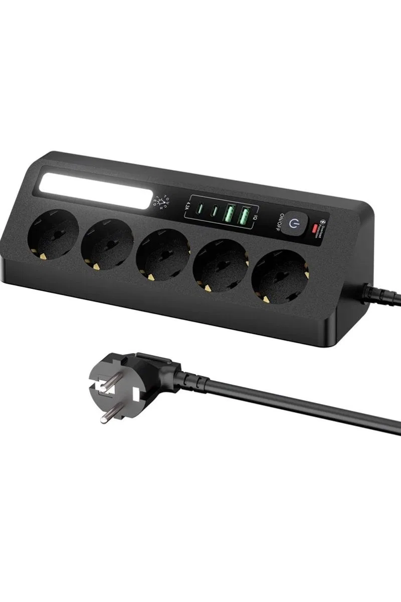 5’li Akım Korumalı Priz 2500w | 2 Usb + 2 Type-c Hızlı Şarj | Led Gece Lambalı | Dokunmatik Siyah görsel 2