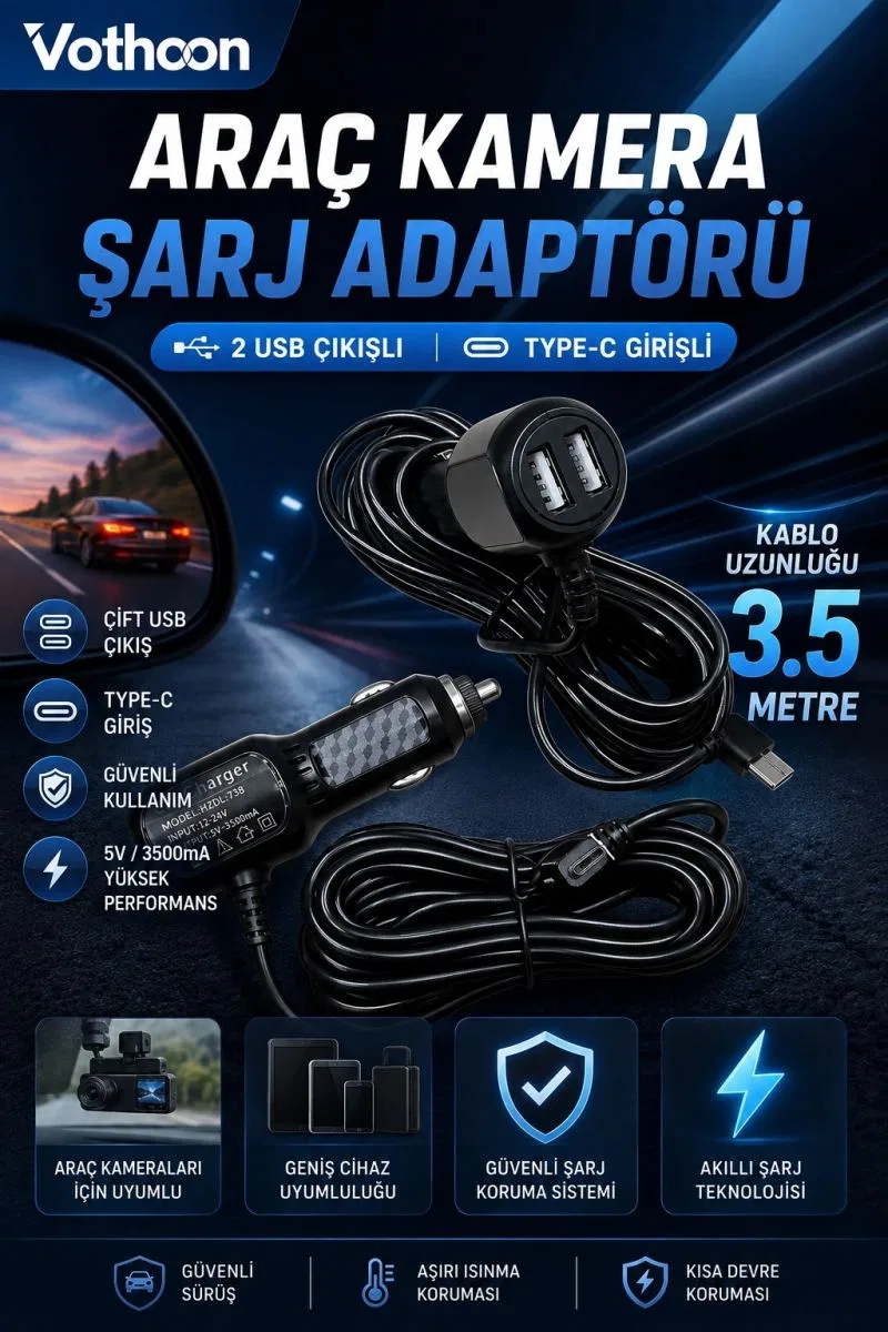 Araç Kamera Şarj Adaptörü 2 Usb’li Type-c Girişli 3. 5 Metre Kablo Uzunluğu(ürün Kamera Değildir)