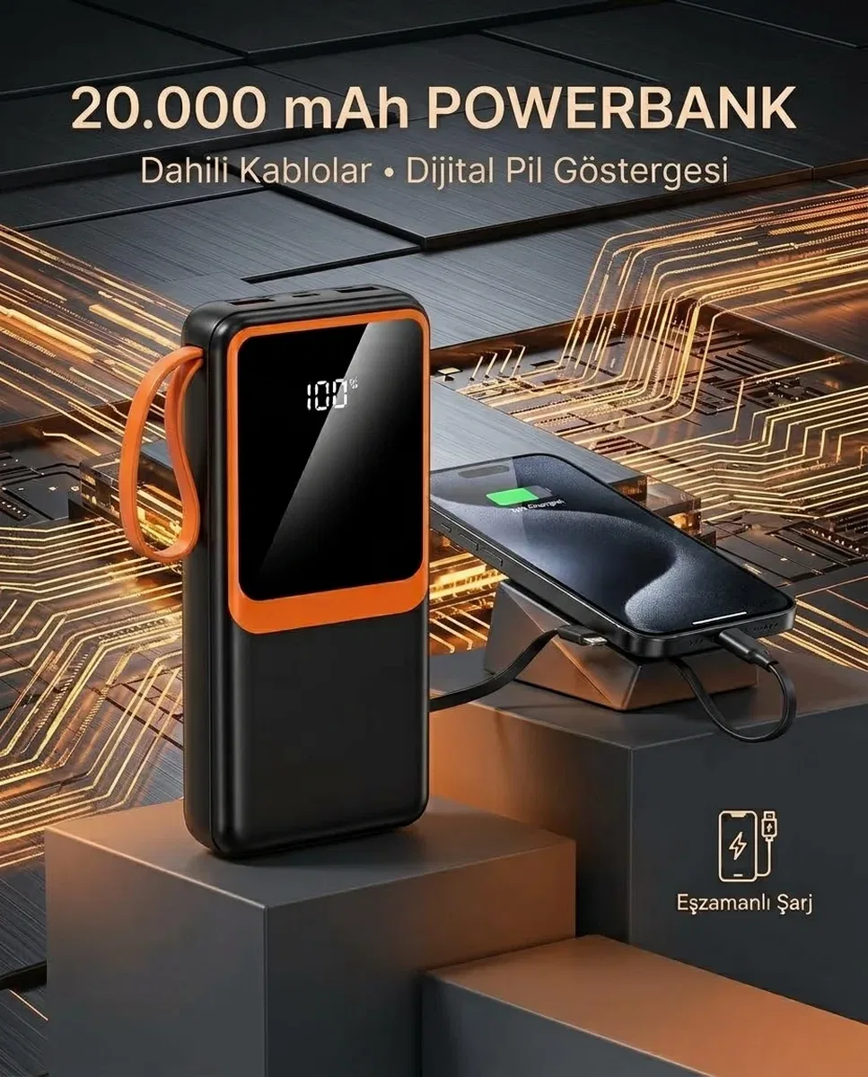 20000 mAh Yüksek Kapasiteli Powerbank Dahili Kablolu Dijital Göstergeli Taşınabilir Şarj Cihazı