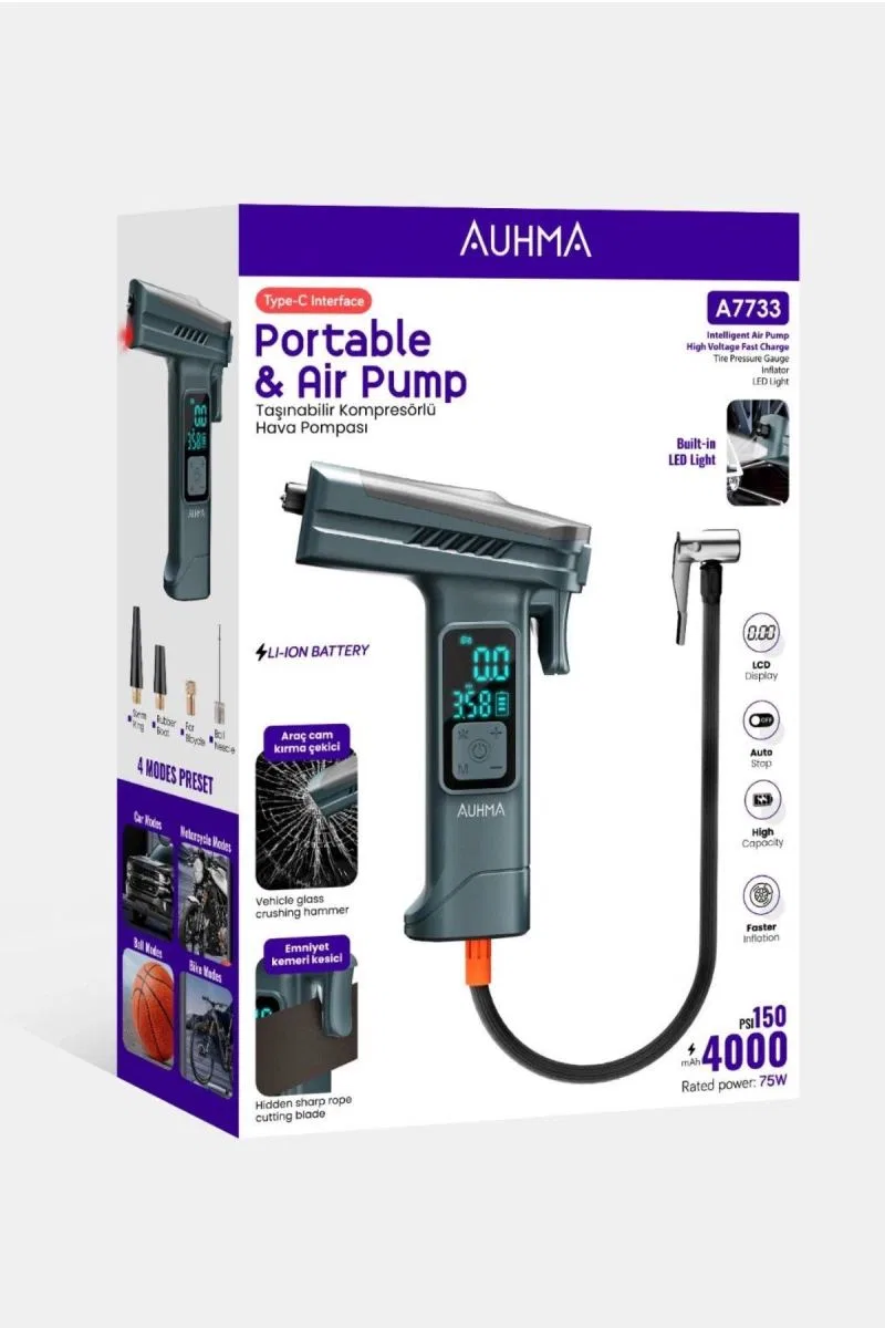 Araba Hava Pompası 4’ü 1 Arada: Kompresör + Cam Kırıcı + Kemer Kesici + Led Işık Şarjlı 4000mah Araç Kompresörlü görsel 2