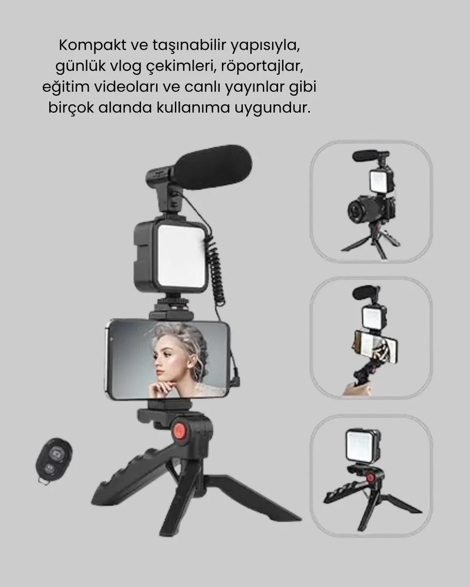 Telefon Video Çekim Kiti LED Aydınlatma Mikrofon Tripodlu Tam Set görsel 5