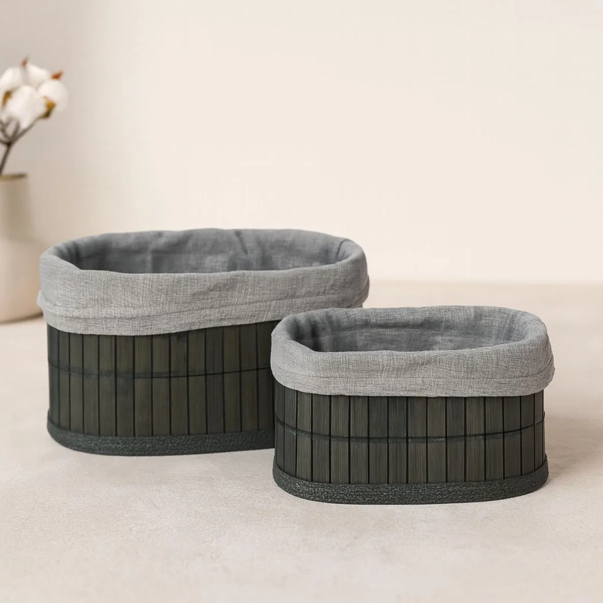 Bambu Kenarlı Oval Organizer Sepet (Ahşap Tabanlı, Bezli) 21x14-25x16 cm