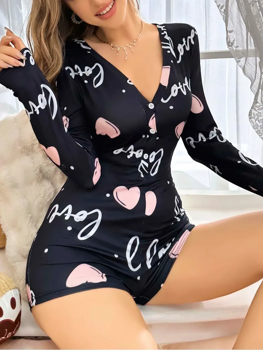 Kadın Siyah Kalp Desenli Love Yazılı Pijama Tulumu 5124 görsel 2