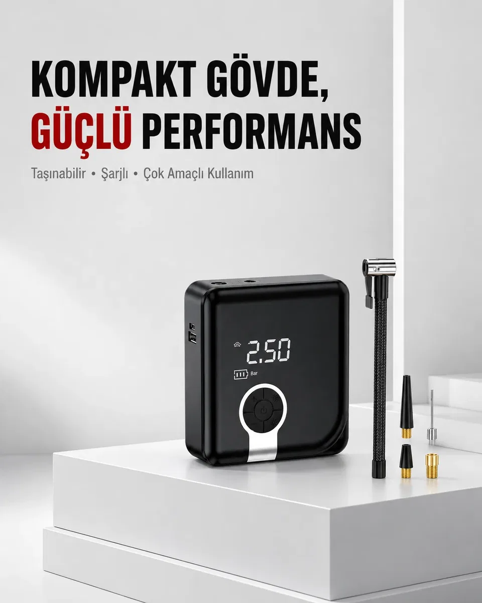 6000mAh Bataryalı Type-C Şarjlı Diyafram Tip Kompresör LED Işıklı