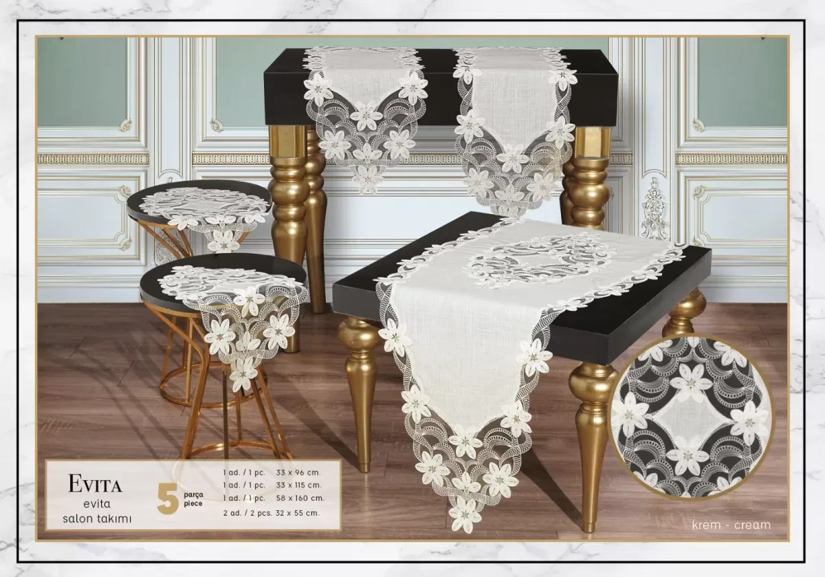 Krem-Krem Evita Model 5 Parça Keten Dantelli Masa Örtüsü Runner Seti Modern Salon Takımı görsel 4