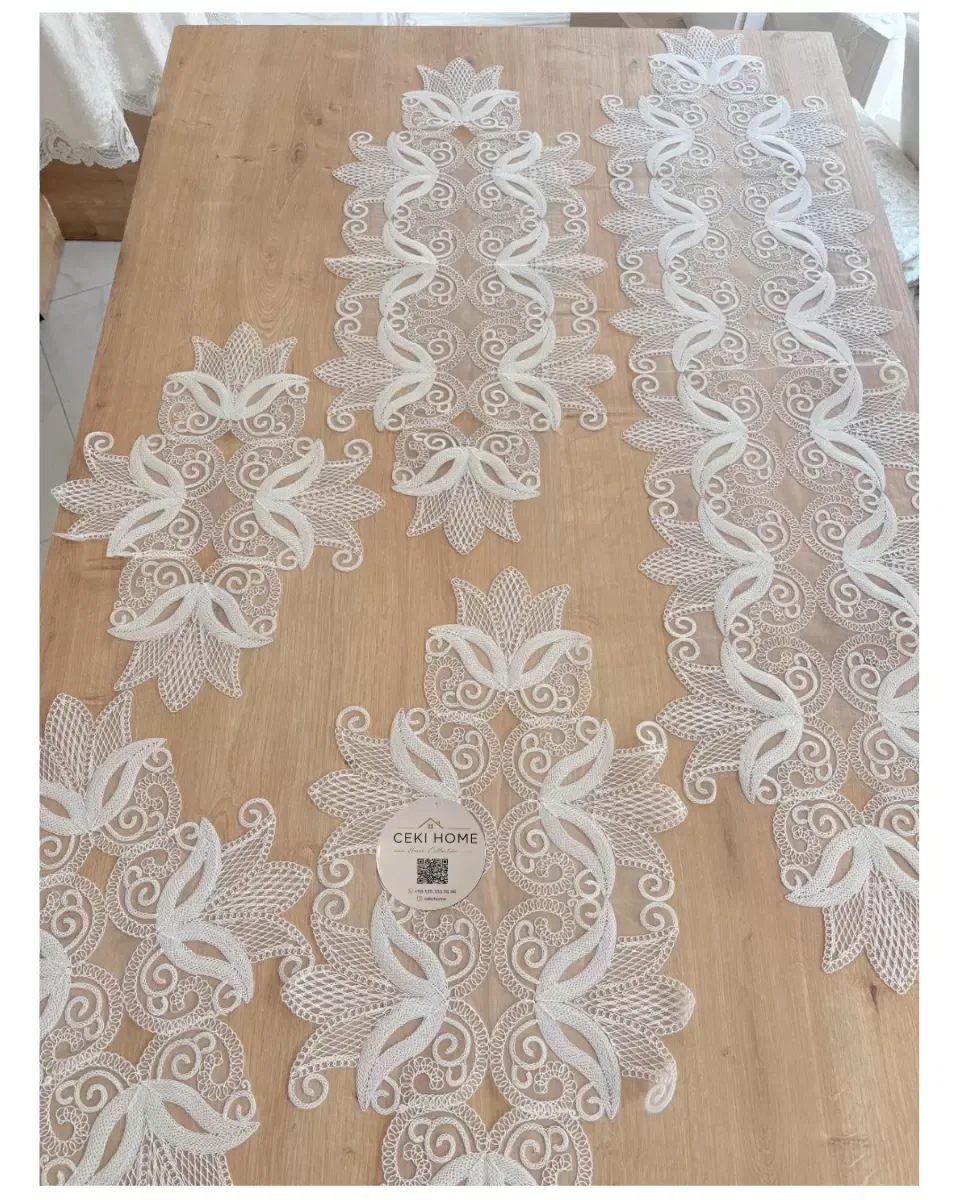 Salon Takımı Çeyizlik Krem Runner Seti 5 Parça Dantelli Ranır Masa Konsol Sehpa Örtüsü Zarif görsel 4