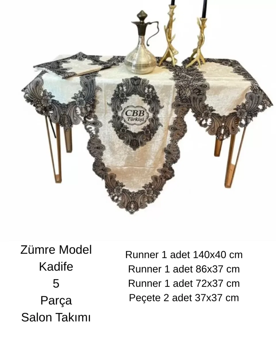 Salon Takımı 5 Parça Velvet Kadife Dantelli Masa Örtüsü Runner Seti Zümre Model - Siyah görsel 2