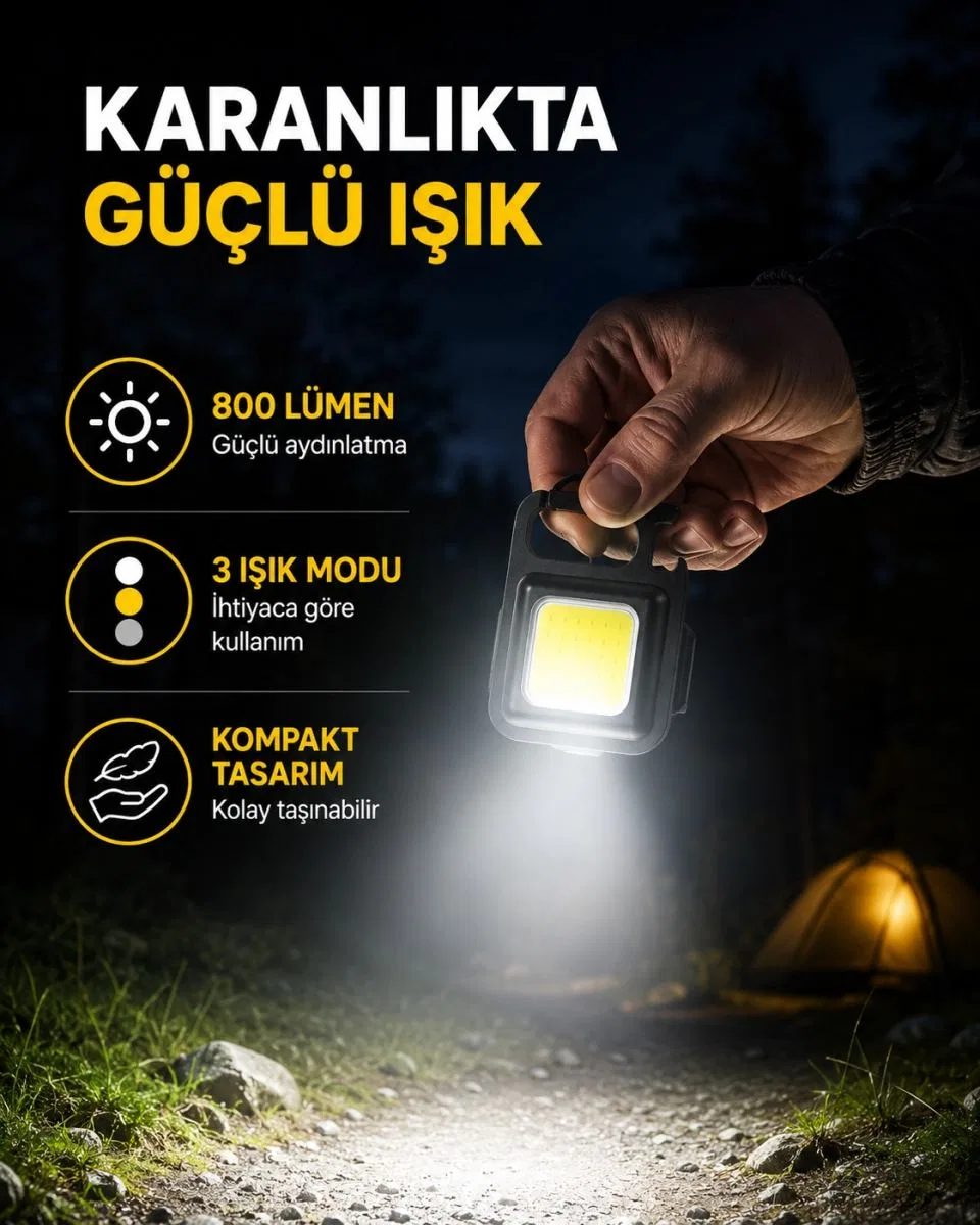 Şarjlı Cob Led Anahtarlık Fener – 4 Modlu, Manyetik Ve Katlanabilir Standlı Yeni Nesil