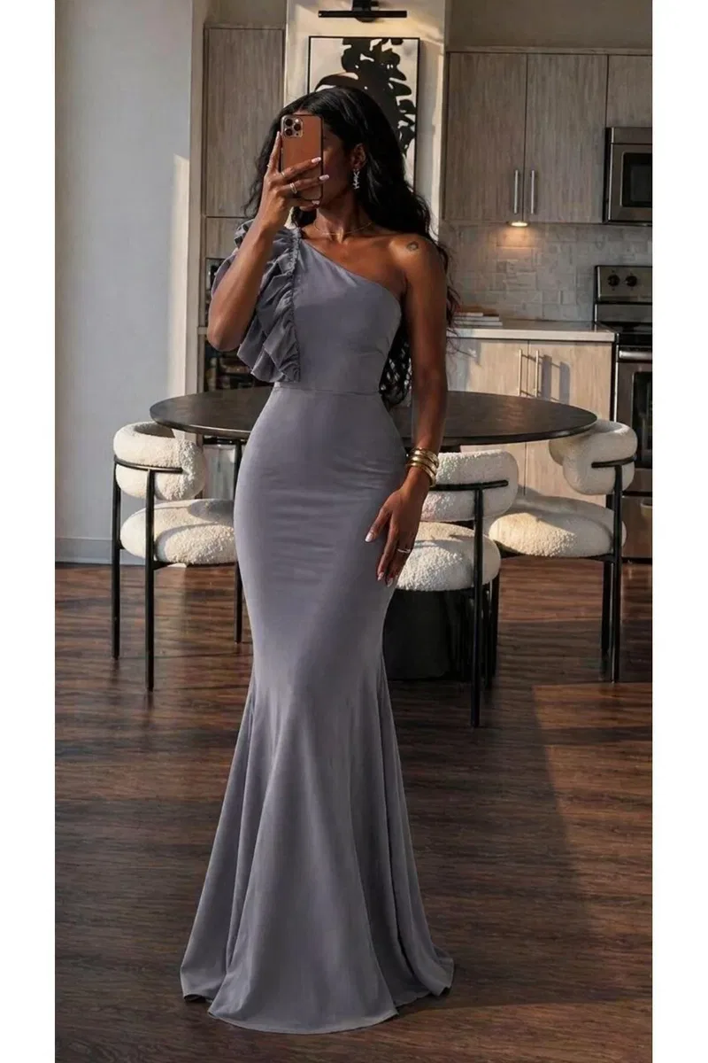 Kadın Tek Omuz Volanlı Balık Kesim Abiye Elbise