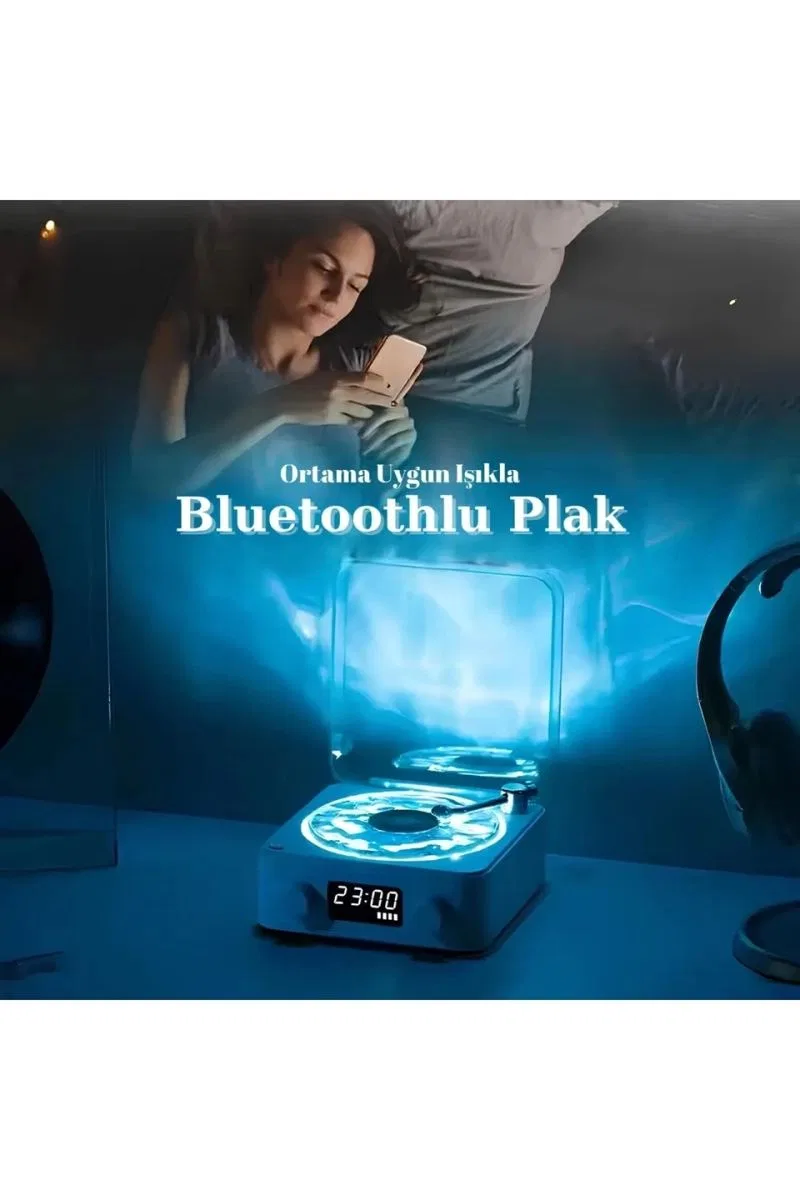 Waves Nostalji Plak Görünümlü Bluetooth Hoparlör 3d Ses Dalgası Retro Müzik Plak Mavi görsel 3