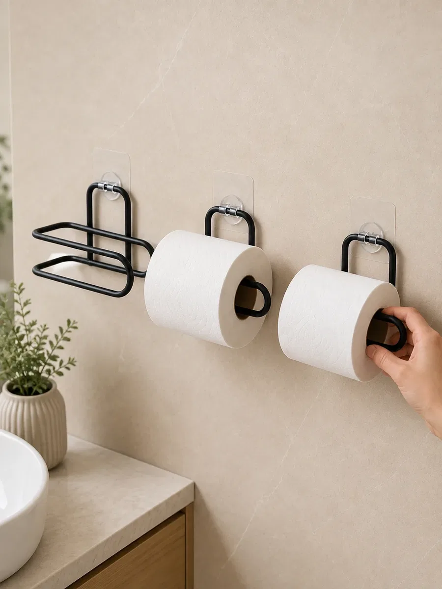 3 Adet Yapışkanlı Rulo Tutucu Siyah Metal Tuvalet Kağıdı Askısı görsel 3