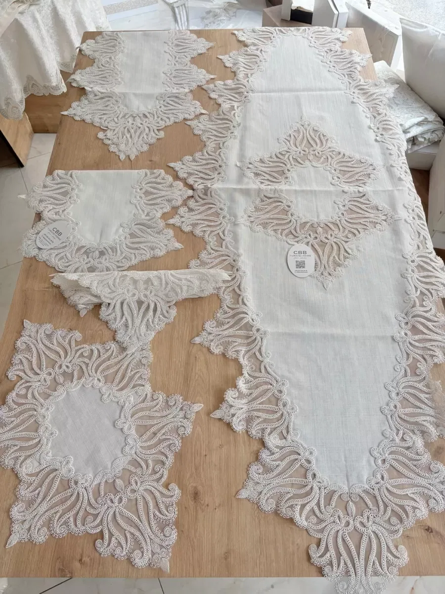Salon Takımı Çeyizlik Krem Runner Set 5 Parça Keten Ranır Masa Konsol Sehpa Örtüsü Gülseda görsel 4