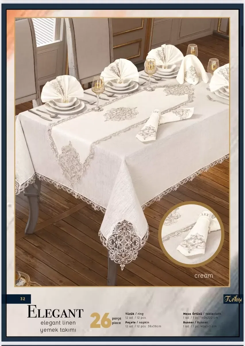 Elegant Linen Krem-Gümüş 12 Kişilik 26 Parça 160 × 260 cm Runner Premium Sofra Masa Takımı görsel 2