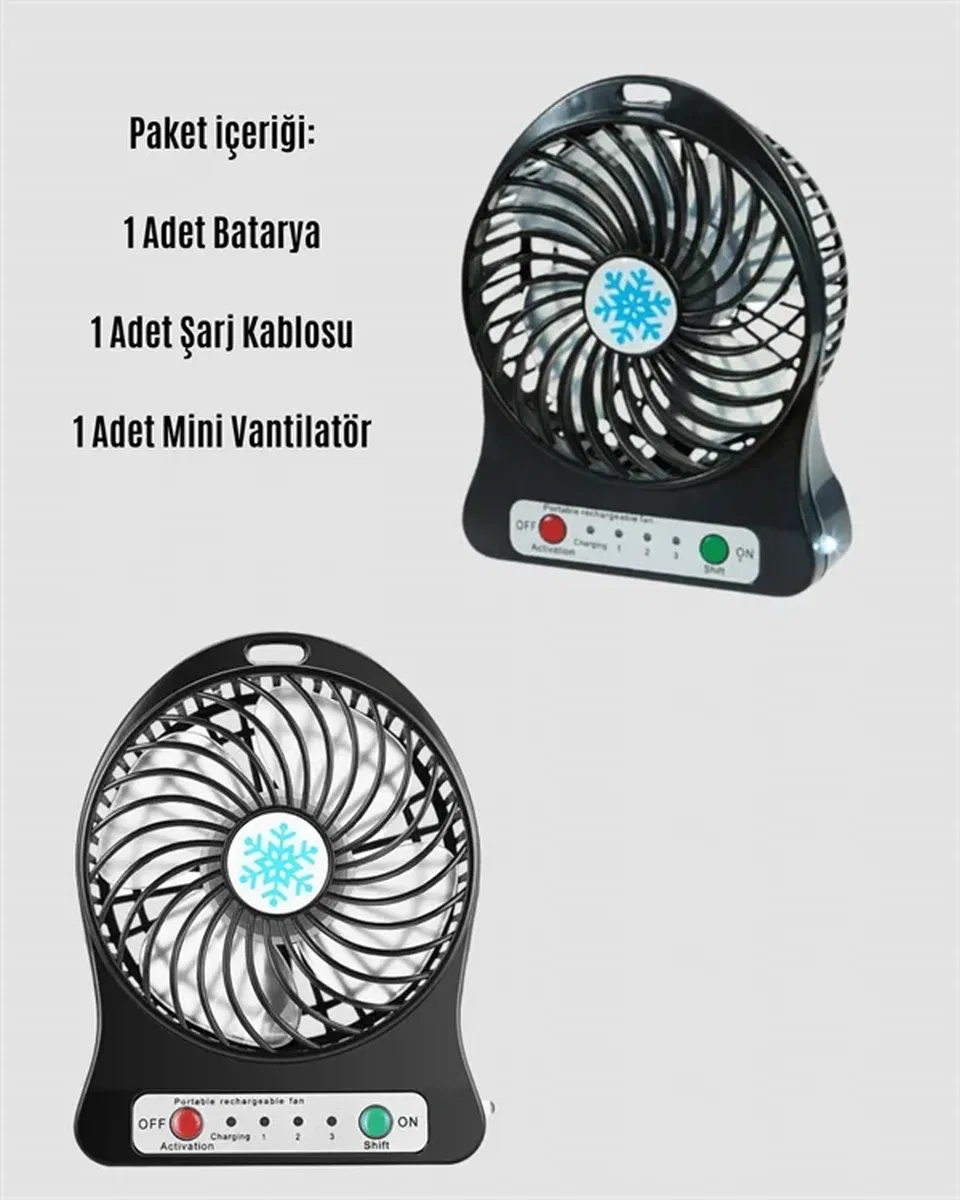 Mini Vantilatör Masaüstü – USB Girişli, Şarjlı, 3 Kademe, Sessiz Motor, Işıklı görsel 4