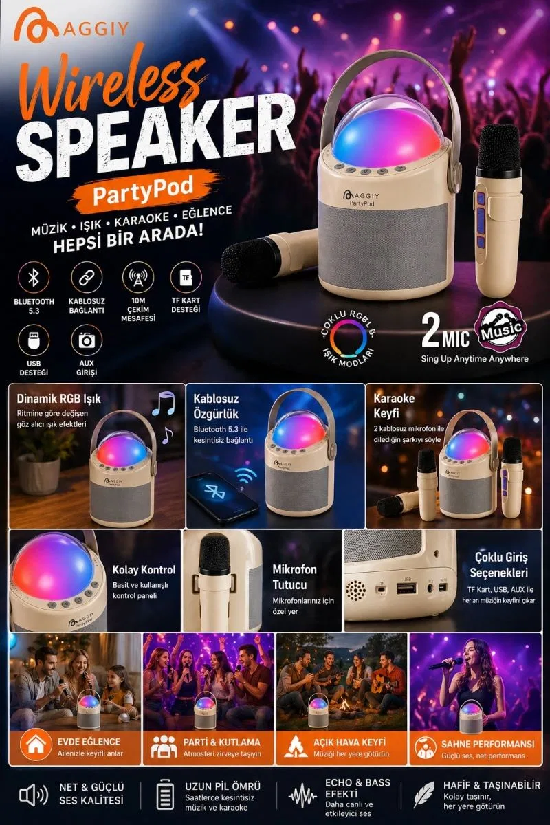 Partypod Bluetooth 5. 3 Destekli Çok Fonksiyonlu Kablosuz Mikrofon Ve Hoparlör görsel 2