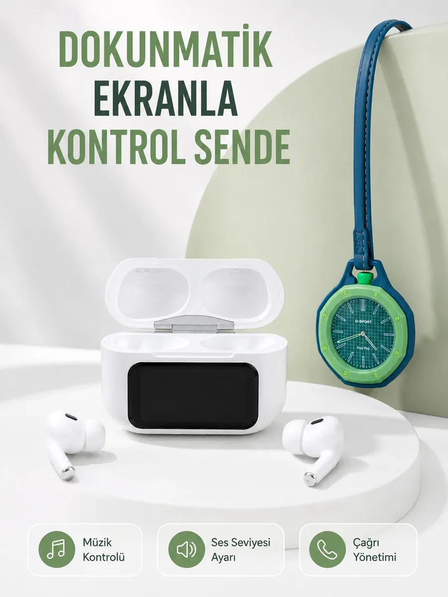 Bluetooth 5. 4 Kablosuz Kulaklık Yeşil Askılı og Charm Saat İkili Set