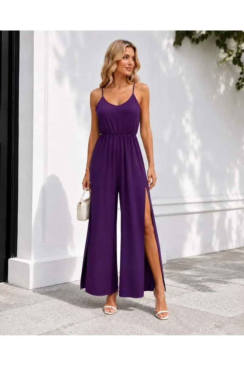 Kadın Modern Tasarım V Yaka İnce Askılı Wide Leg Tulum
