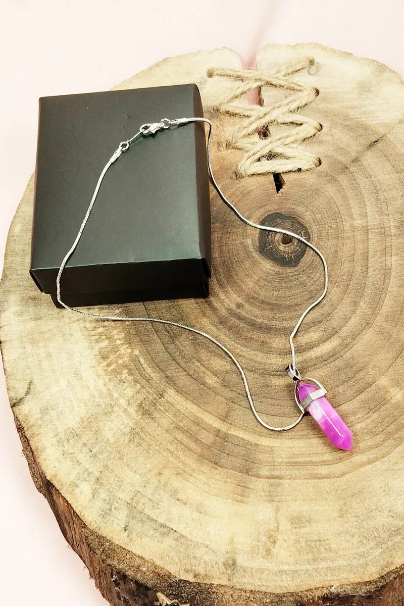 Pembe Akit Doğal Taşı Zincirli El Yapımı Tasarımlı Kolye Uç: 3, 5 cm Zincir: 20 cm Kutulu görsel 4