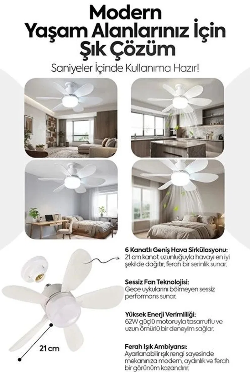 6 Kanatlı 3 Kademeli Led Aydınlatmalı Uzaktan Kumandalı Tavan Vantilatörü görsel 3