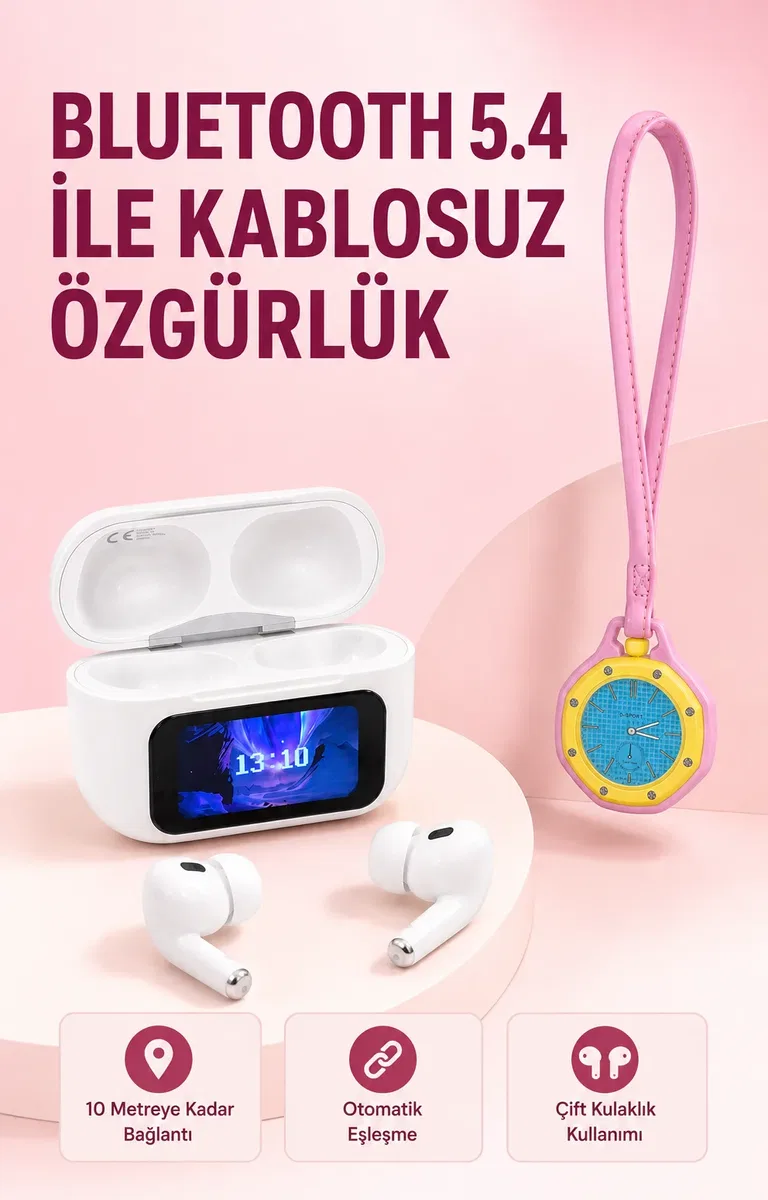 Bluetooth 5. 4 Kablosuz Kulaklık Pembe Askılı og Charm Saat İkili Set