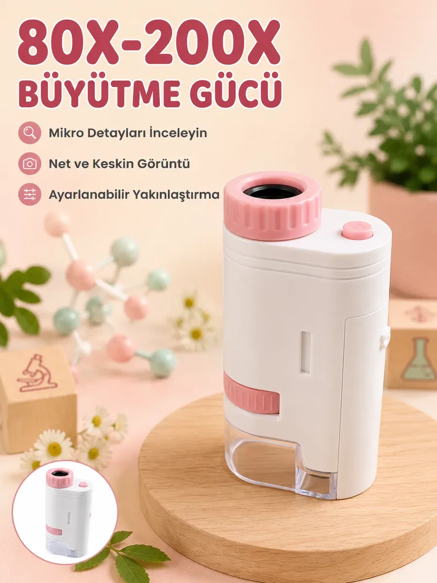 Eğitici Taşınabilir Mikroskop Ayarlanabilir Focus, LED Işık ve 80X-200X Yakınlaştırma