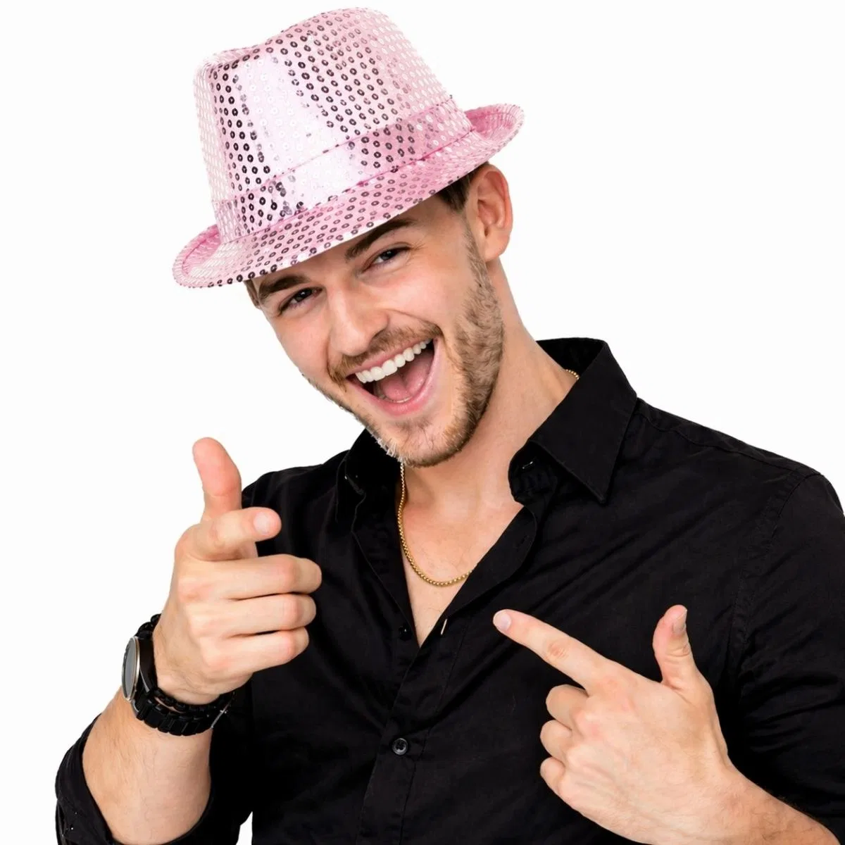Pembe Payetli Disco Parti Şapkası Yetişkin Işıltılı Fötr Model görsel 3