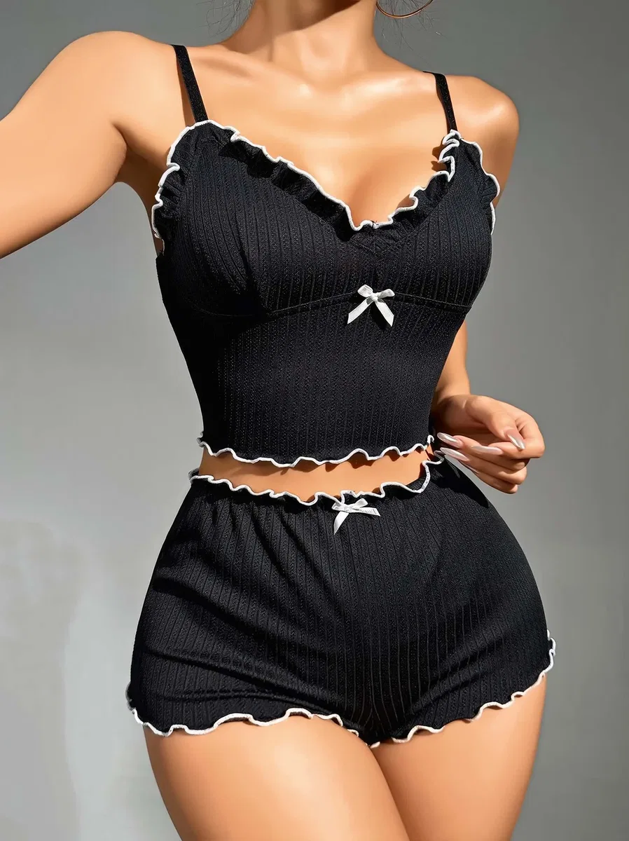 Kadın Siyah Fitilli Askılı Şortlu Pijama Takım 5042 görsel 2