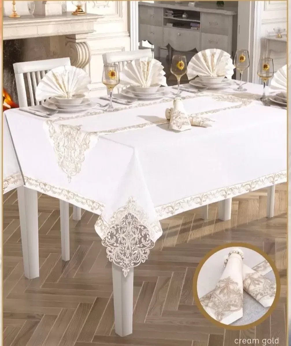 Elegant Linen Yemek Takımı Masa Seti 12 Kişilik 26 Parça160 × 260 cm Runner Set Krem-Gold görsel 4