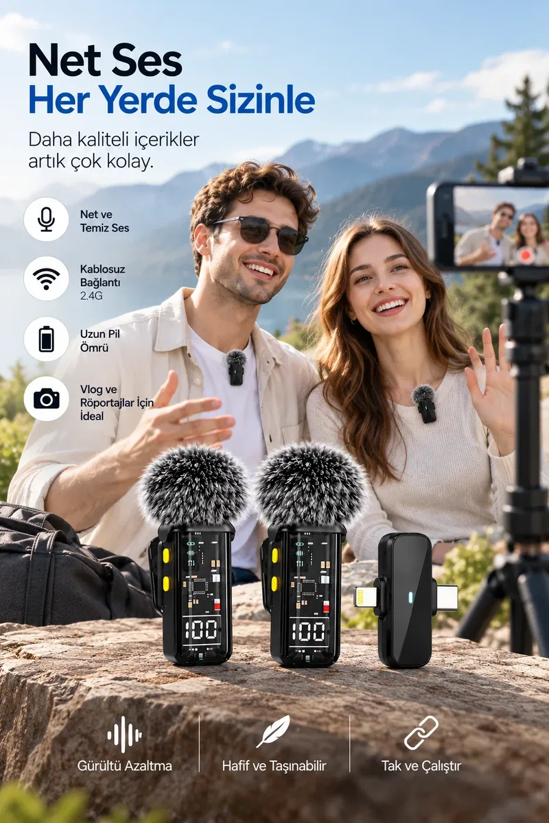 2. 4G Kablosuz Çift Mikrofonlu Yaka Mikrofonu İçerik Üretim Seti