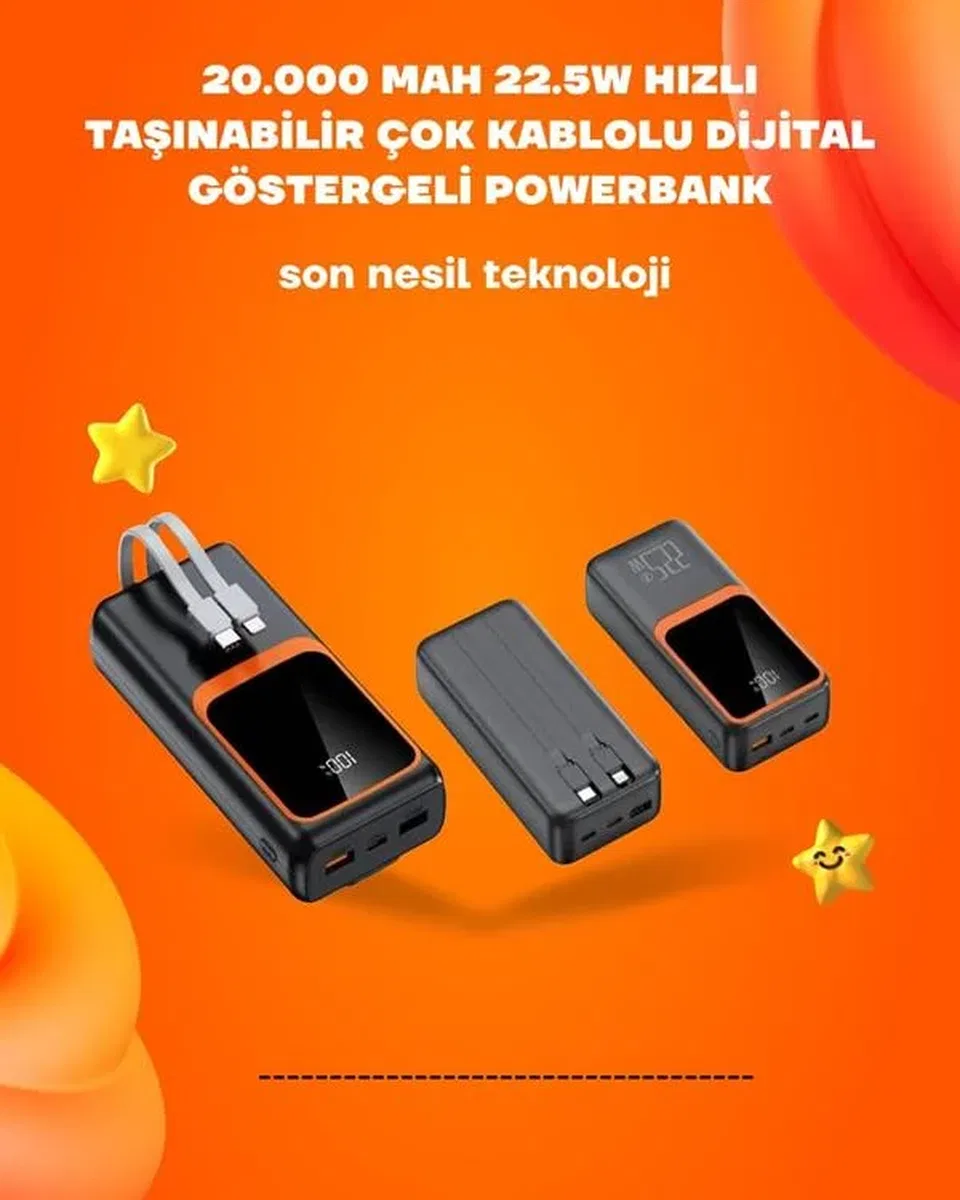 Powerbank 20000 mAh | 22. 5W Hızlı Şarj, Dahili Kablolu, LCD Ekranlı Şarj Cihazı görsel 2