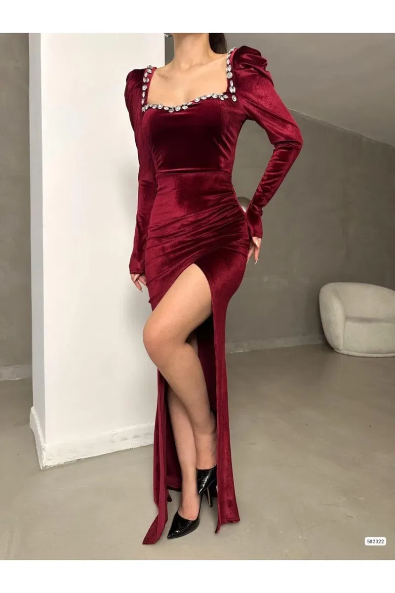 Kadın El Emeği Mezuniyet Elbisesi Kare Yaka Uzun Kol Balık Kesim Abiye Elbise görsel 3