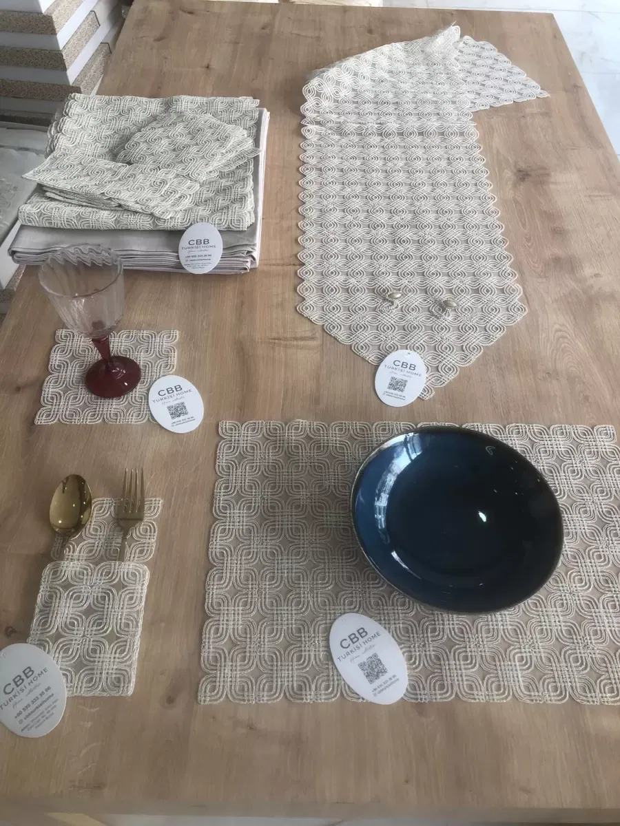 Sofra Takımı Orion Gardenya Keten Yemek Takımı 160x260 Masa Seti 26 Parça Runner Set Kapiçino görsel 6