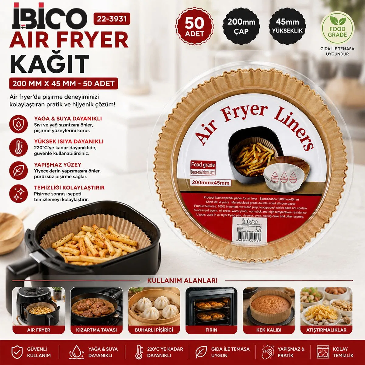 Air fryer yuvarlak pişirme kağıt kalıp 20 cm 50 adet görsel 3