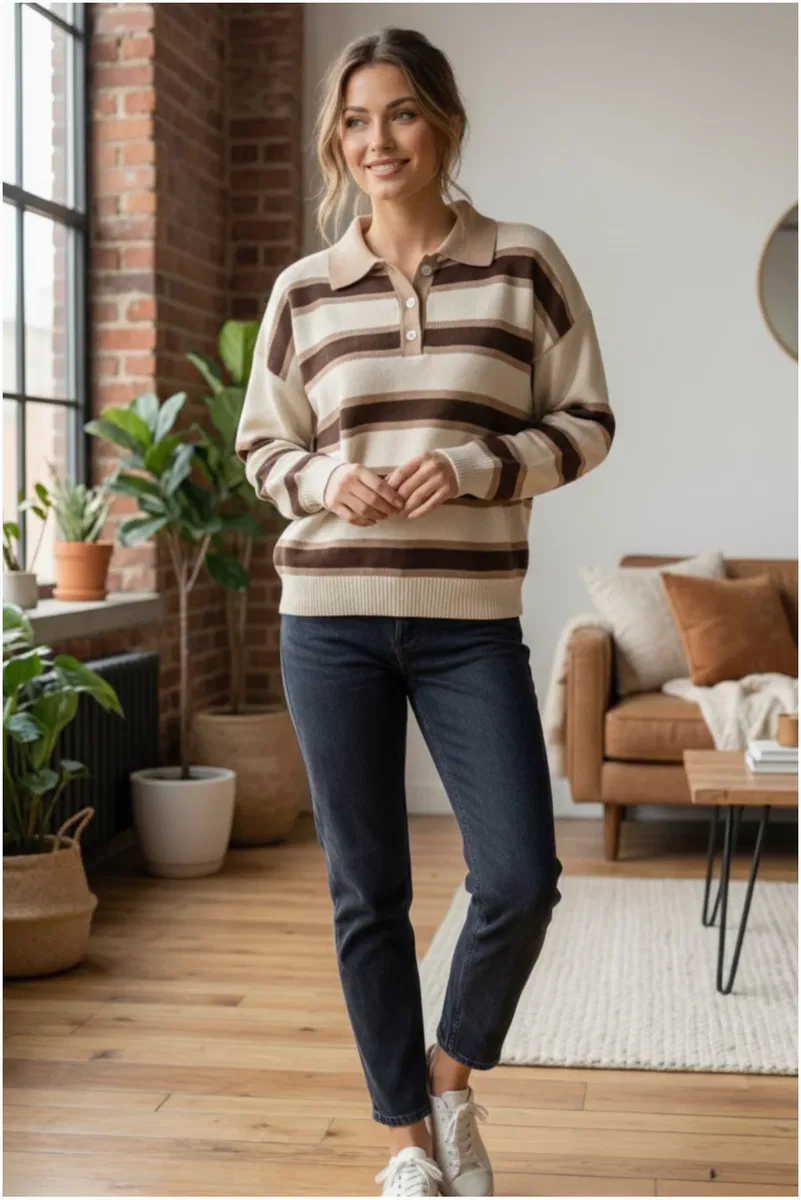 Kadın Şık Polo Yaka Çizgili Oversize Triko Kolej Stil Yumuşak Dokulu Kazak