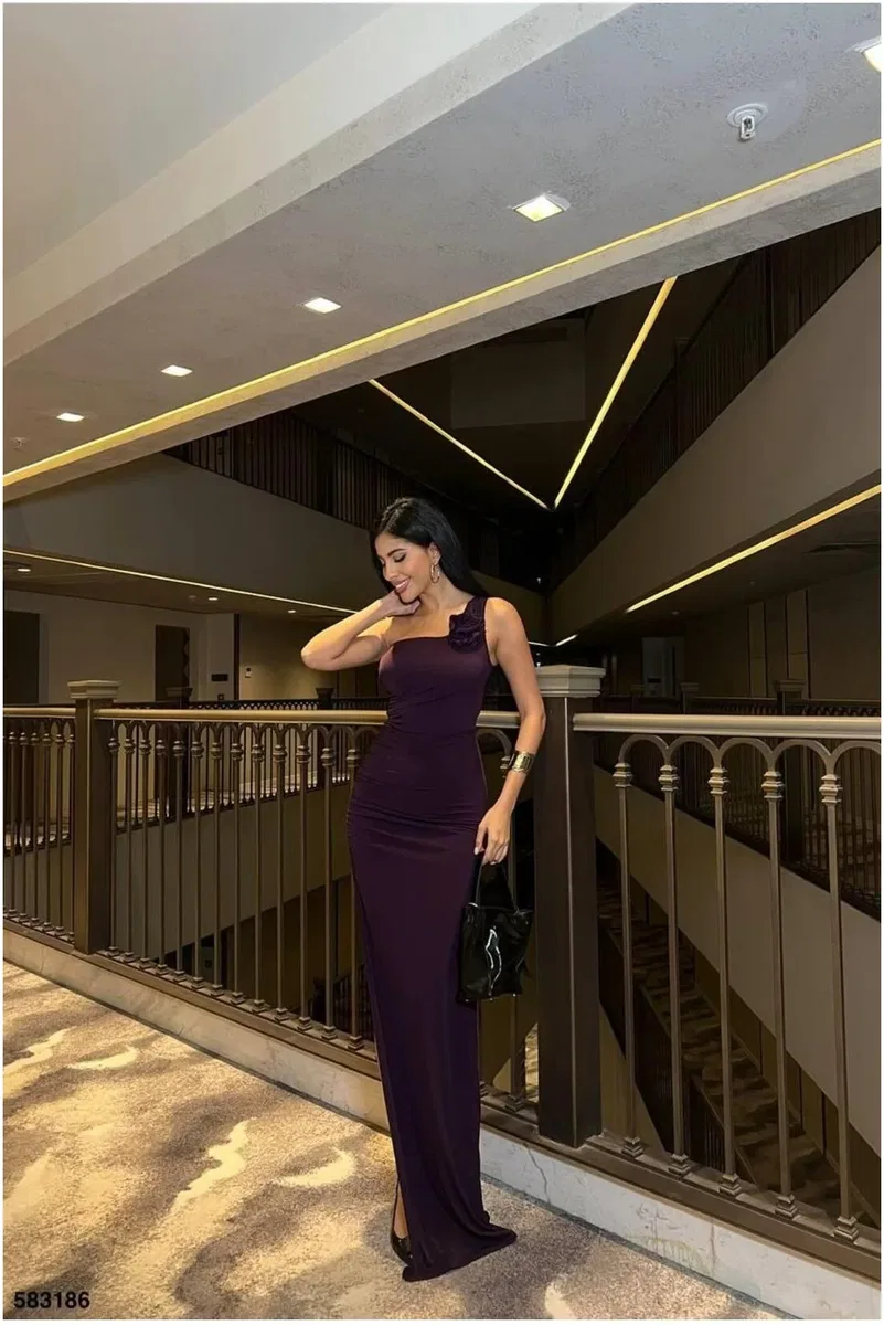 Kadın Özgün Tasarım Sandy Kumaş Tek Omuz Maxi Elbise