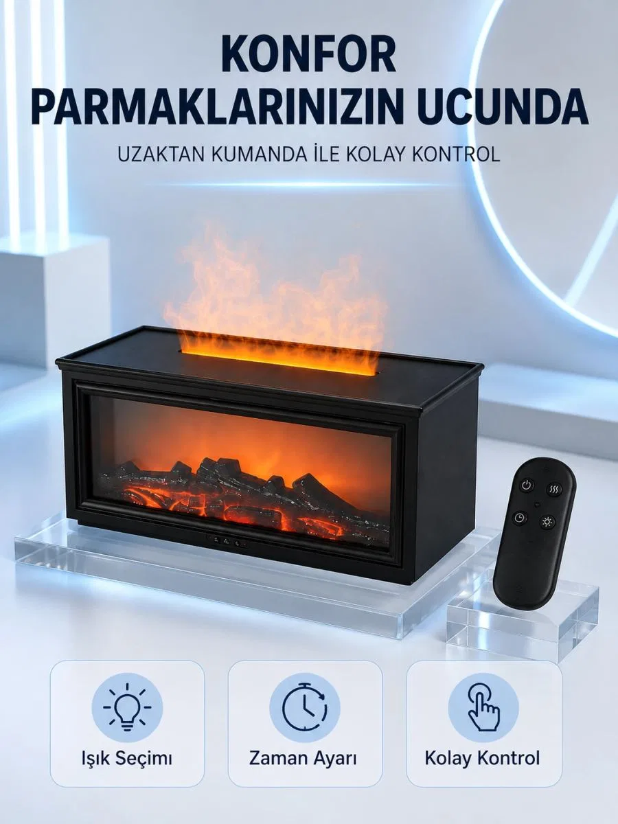 Dekoratif Şömine Görünümlü Nemlendirici Uzaktan Kumandalı Renkli Led Işıklı Difüzör