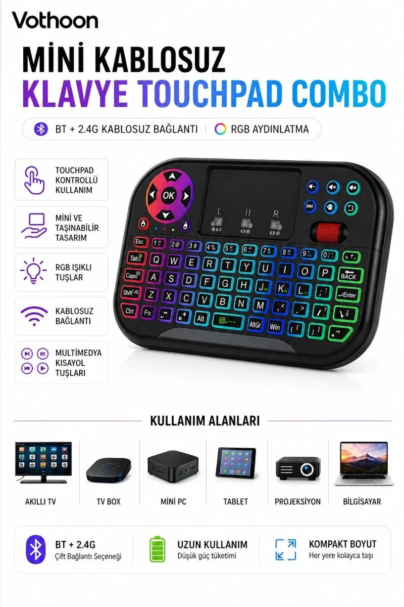 Rgb Işıklı Mini Kablosuz Klavye Touchpad Combo, Bluetooth Ve 2. 4g Smart Tv Kumandası