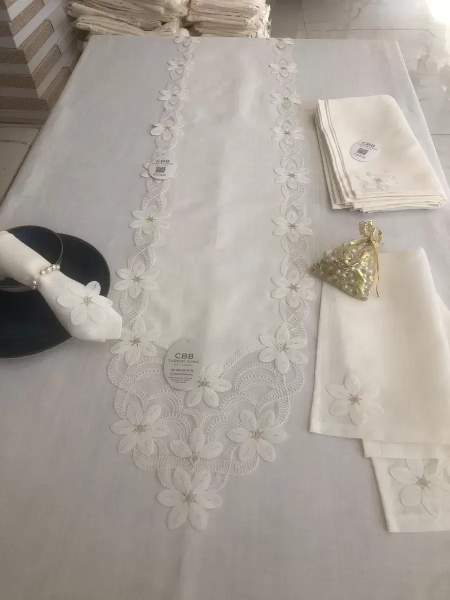 Sofra Takımı Evita Gardenya Keten Yemek Takımı 160x260 Masa Seti 26 Parça Runner Set Krem görsel 5