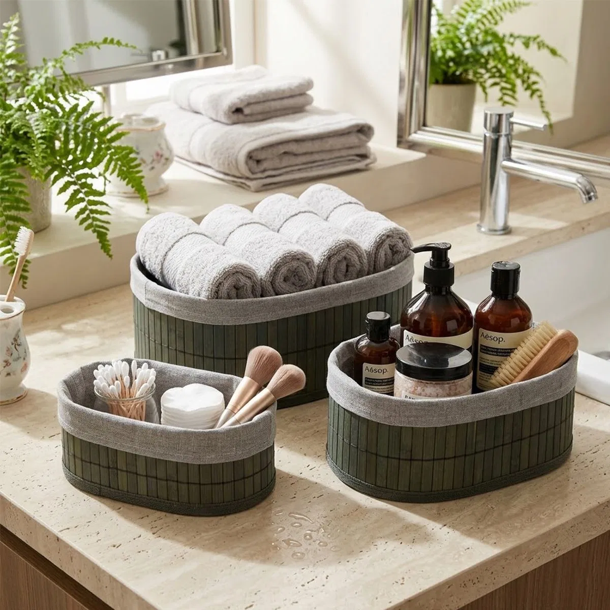 Oval Bambu Kenarlı 3'lü Organizer Sepet Seti - Gri görsel 3